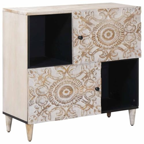 vidaXL Sideboard mit Speicher Weiß 80 x 33,5 x 75 cm Massivholz Mango, Wohnzimmer, modern, minimalistisches Design mit eleganten Möbeln
