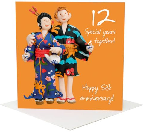 Holy Mackerel twelve years together silk 12th wedding anniversary card for a couple - designed by artist Erica Sturla - 15cm square and blank inside for your message - made in the UK