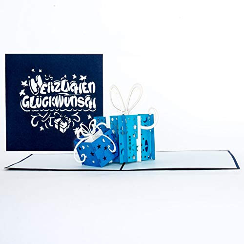 3D Geburtstagskarte Geschenke - Blau & Weiß - Pop Up Karte zum Geburtstag, Namenstag und zur Geburt - als kleines Geschenk, Geschenkverpackung, Einladungskarte & Gutschein