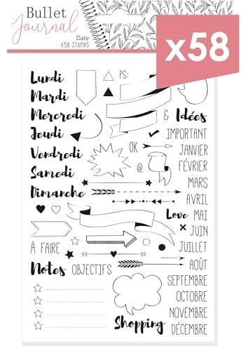 Aladine - Kit Tampons Bullet Journal - 58 Tampons en Français : Jours, Mois, Flèches, Bulles, To Do List, Objectifs - Accessoires Bullet Journal, Bullet Planner, Agenda - Stampo Planner - 03912, Large
