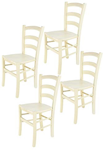 t m c s Tommychairs - 4er Set Stühle Venice für Küche und Esszimmer, robuste Struktur aus lackiertem Buchenholz in Anilinfabre Weiss und Sitzfläche aus Holz