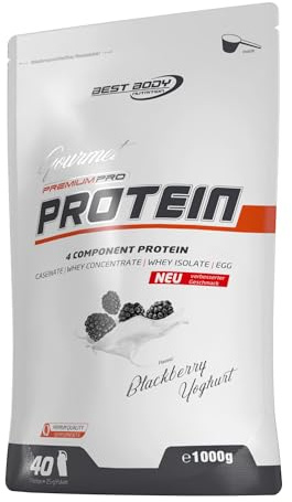 Best Body Nutrition Gourmet Premium Pro Protein, Blackberry Yoghurt, 4 Komponenten Protein Shake: Caseinat, Whey Konzentrat, Whey Isolat, Eiprotein, 1 kg Zipp Beutel