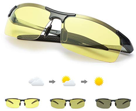 TJUTR Polarisierte Nachtsichtbrille Herren Photochromatisch Sports für UVA UVB Schutz Metallrahmen Leicht Nacht Vision Blendschutz Brille (Grau(sport)/Gelb Photochromatisch)