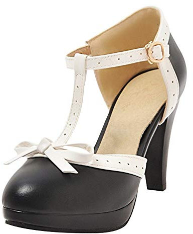 T Strap Pumps Blockabsatz High Heels Plateau Vintage Retro Rockabilly Damen Schuhe(Schwarz,37)