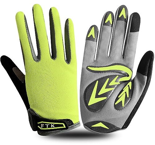 Gants Velo Enfant Cyclisme Junior Running VTT Moto Plein Doigt Poignée Paire, Gant Bicyclette Escalade Randonnée Skateboard Gel Résistant à l'abrasion Antideparant Mitaines Outdoor (XL, Vert)