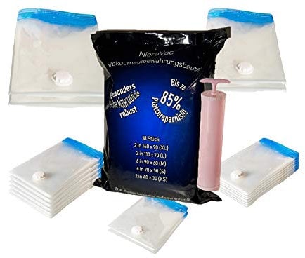 Premium- Vakuumbeutel- 18er Set in fünf verschiedenen Größen XS, S, M, L, XL für Lagerung, Reise, Umzug!