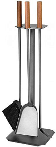 MS Beschläge 3-teilge Kamingarnitur Anthrazit beschichtet Kaminbesteck mit Rosshaarbesen Ofenbesteck Kaminset Ofengarnitur Griffe aus Nussholz