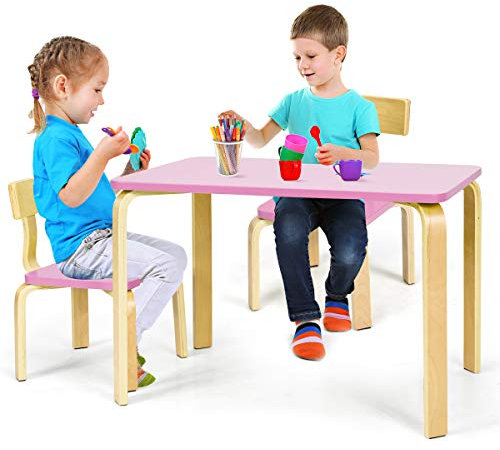 GIANTEX Set Tavolo e 2 Sedie per Bambini in Legno, Tavolo da Gioco per Bambini 3-10 Anni, Tavolo e 2 Sedie, Set 3 Pezzi di Mobili per Bambini, per Casa Asilo e Aule, Struttura Robusta (rosa)