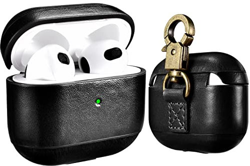 Ledertasche für AirPods 3 2021 Hülle, ICARER Echt Leder Vintage Tasche Stoßfeste Schutzhülle Lightweight Case mit Schlüsselbund für Apple AirPods 3 LED Frontseite Sichtbar Drahtloses Ladegerät-Schwarz