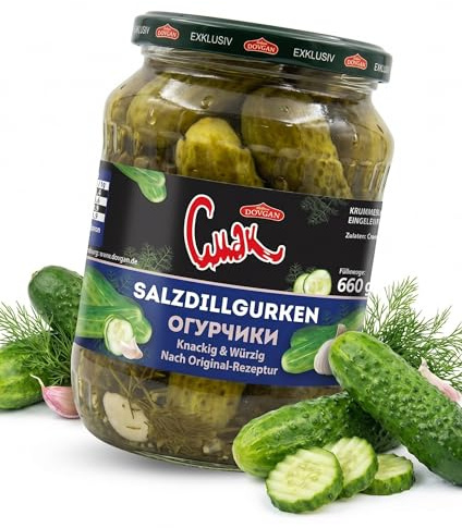 DOVGAN CMAK Salzdillgurken 6x 660g - Krumme Gurken nach russischer Art | Würzige Salzgurken in Lake mit frischem Dill - Knackig & authentisch - Ideal für Soljanka & Brotzeit - Inkl. DDR-Kochbuch