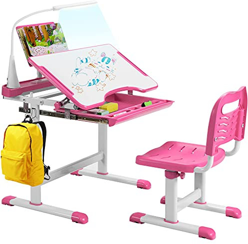 GYMAX Children's Desk and Chair Set, Height Adjustable Kids Table with Chair, Tilt Desktop, LED Light, Storage Drawer & Book Stand, Study Furniture Set for Girls Boys (Pink)