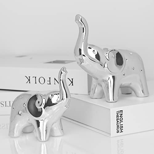 Ein Paar Elefanten-Statuen, Heimdekoration, moderner Stil, goldfarbene Skulpturen, Ornamente, Dekorationen für Zuhause, Büro, Schreibtisch, Bücherregal, TV-Ständer, Regal, Schränke, Keramik (Silber)