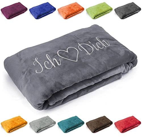 Kuscheldecke 'Ich Liebe Dich', Geschenk zu Valentinstag, Geburtstag, Hochzeitstag, hochwertig Bestickt, 200cm x 150cm extra weiche und gemütliche Sofadecke/Wohndecke, hochwertiges Fleece (Mausgrau)