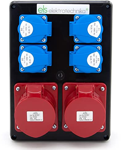 ELS Elektrotechnika Schwarz Baustromverteiler Steckdosenverteiler Wandverteiler Schuko Steckdosen 4x 230V + 2x CEE 32A, Verkabelt, Anschlussfertig, Werkstatt, Garage, Fabrik, IP44