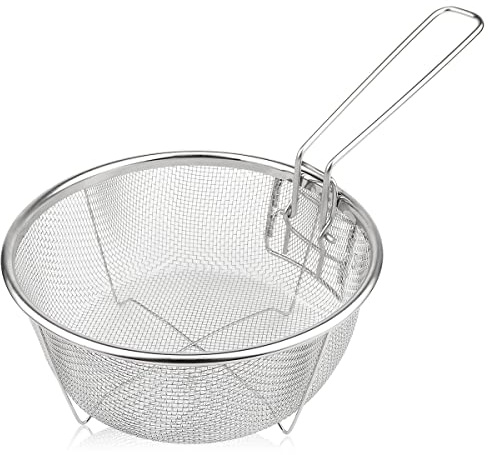 Stainless Steel Drain Basket, Multifunctional Foldable Deep Fry Basket - Round Wire Mesh French Chip Frying Serving Food Presentation Tableware with Folding Handles