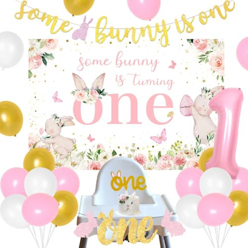 Hase 1. Geburtstag Dekorationen für Mädchen Rosa, einige Häschen ist ein Banner und Hintergrund Hasenballon Hochstuhl Banner Kuchenaufsatz, Zahl 1 Ballon Frühling Ostern Thema Erste Geburtstagsfeier