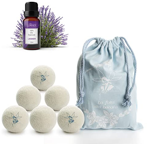LUMINER Lot de 6 boules de séchage dans laine pour sèche-linge, sans plis, attrape-cheveux avec huile essentielle de lavande, boules de séchage en laine avec parfum de lessive