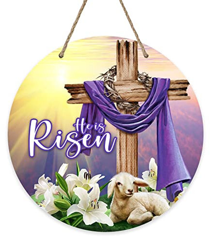 Deroro He is Risen Ostern Religiöses Kreuzschild für Haustürdekoration, christliche Lilienblumen Glaube Holz Türhänger für draußen Veranda, Sonnenaufgang Schaf Holzkranz Indoor Wandbehang Dekoration