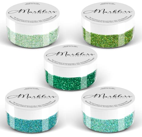 MARBLERS Cosmetic Grade Fine Glitter 5 Pack [Green Grin] 0.90oz (25g) | Non-Toxic | Vegan | Cruelty-Free | Eyeshadow, Nail Polish, Nail Art | Festival, Rave & Party Makeup | Body & Face