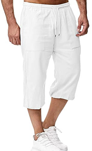 LVCBL Mens Linen Beach Pants Casual Pants Loose Fit 3/4 Trousers Hippie Pants White L