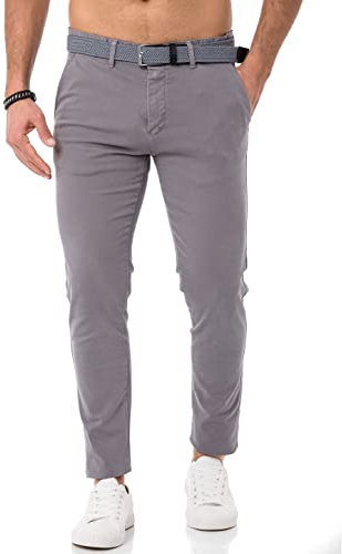 Redbridge Herren Chino-Hose mit Gürtel Bequeme Freizeit- und Businesshose Grau W38 L32