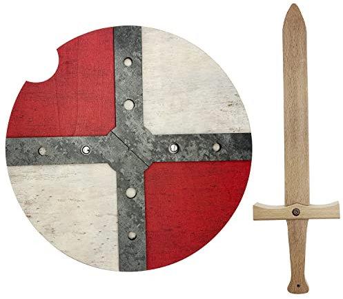 GERILEO Mittelalterliches Holz Schild und Schwert - Spielzeug für Jungen und Mädchen - Spielzeug für Jungen, Mittelalterliche Kostüme, Vikinger, Ritter, Thor, Ragnar (Rot)