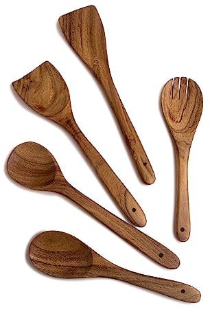 5 Piece Non-Stick Acacia Wooden Cutlery Spoon Set for Cooking, Wood Kitchen Utensils Salad Spoon Fork & Turner, Ladle & Flat Spatula Set, Long Handle Cookware Tools, 30 & 25 cms, Natural Brown