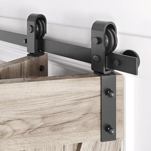 Roymelo 46 Bifold Sliding Barn Door Hardware Track Kit,Side Mounted Black J Shape Roller,Smoothly and Quietly,Assembly Easy,Fit Double 21 Bi-Folding Doors (Door Not Included)