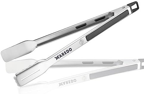 MAREDO Grillzange aus rostfreiem Edelstahl, Fleischzange perfekt zum Wenden von Grillgut, Praktische Aufhänge-Ösen, hitzebeständiger Griff, Grill-Zubehör zum Grillen & Kochen, Spülmaschinengeeignet