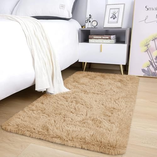 AMEHA Super weicher, flauschiger Shaggy-Teppich - moderner Beige-Teppich für Wohn- und Schlafzimmer - rutschfest, pflegeleicht (50x80 cm)