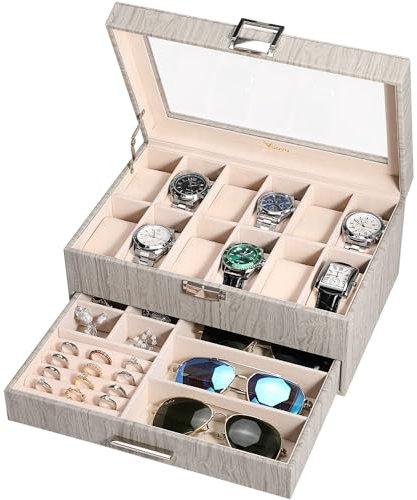 Voova Watch Boxes Organiser Jewellery Box for Men Women, 2 Layer Large 12 Slot PU Leather Watch Storage Case, Glass Top Jewelry Display Holder for Watches Sunglasses Rings Necklaces,Wood Grey