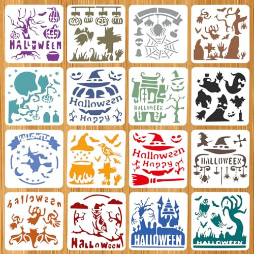 Halloween Schablonen, 16 Stück Kunststoff Zeichnung Malschablonen, Hexe Skelett Kürbis Fledermaus Stencil Zum Malen, Wiederverwendbar Painting Geschenke für Karneval DIY Malerei Scrapbooking Karte