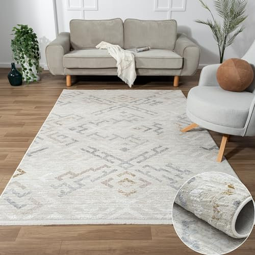 MY-RUG Teppich Elisa rechteckig Cream 150 x 80 cm Läufer meliert für den Flur und Eingang, Schlafzimmerteppich hell kurzflor, Küchenteppich in Beige Grau für Deinen Boho Stil