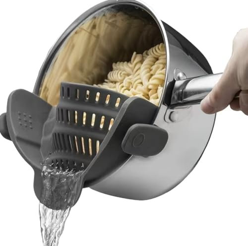 Silicone Pot Strainer, Adjustable Silicone Clip On Strainer for Pots Pans and Bowls, Kitchen Pot Strainer, Hand Held Pot Drainer, Food Strainers, Colander with Clip, Kitchen Tools (Grey)