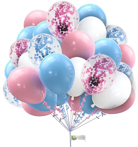 Confezione da 30 palloncini rosa celesti bianchi in lattice metallizzati da 25,4 cm, coriandoli rosa e blu, per baby shower, matrimoni, decorazioni per rivelare il genere