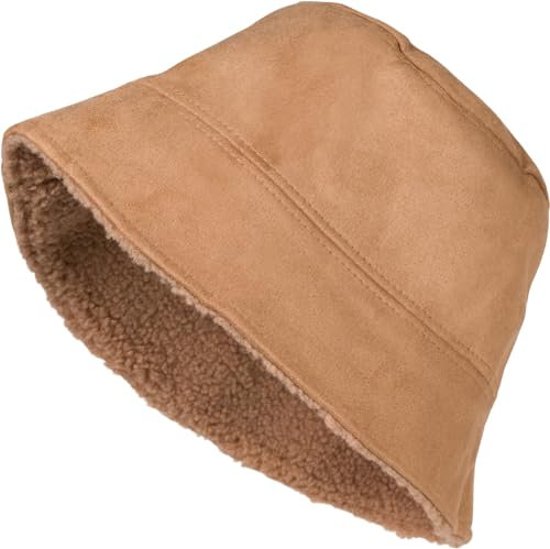 styleBREAKER Unisex Wende Fischerhut in Veloursleder Optik/Teddyfell, Warmer 2 in 1 Wendehut, Bucket Hat Herbst Winter 04025037, Farbe:Camel