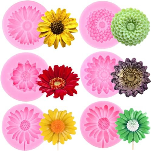 RFGHAC Set di 6 stampi in silicone a forma di fiore di crisantemo, margherita, fondente, girasole, fondente, per decorare torte, caramelle, cioccolato, pasta di gomma, pasta di gomma