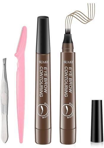 TaimeiMao 2 Stück Wasserfester Augenbrauenstift, Flüssiger Brauenstift, Microblading mit Vier Gabelspitzen, Wischfest, Langanhaltend, Dunkelbraun