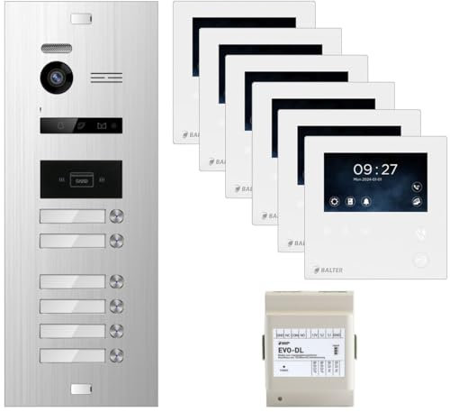 Balter EVO Silber/Weiß Video Türsprechanlage Set für 6 Familienhaus (1x Türstation, 6X 4.3 Mini Monitor, 1x EVO-DL Module, 2-Draht Bus, 150° Weitwinkel, RFID)