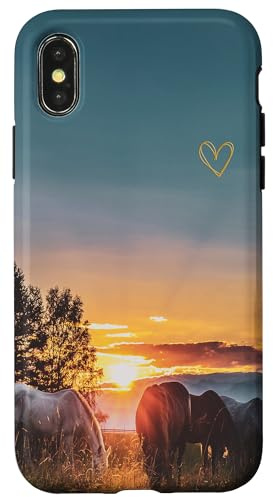 Pferde Sonnenuntergang mit einem schönen goldenen Liebesherz Hülle für iPhone X/XS