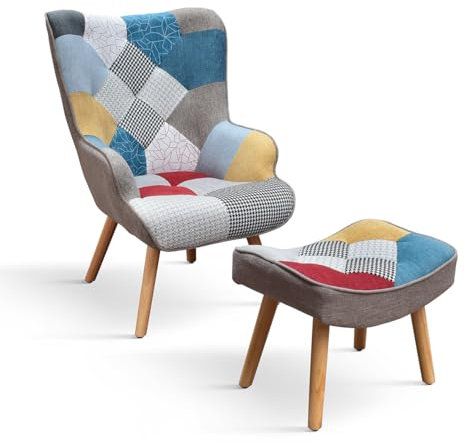 PAZZO DESIGN Poltrona Armando, Set Da 1, Multicolore, Tessuto, Relax, Lettura, Comoda, Gambe Legno, Con Poggiapiedi - id_2126