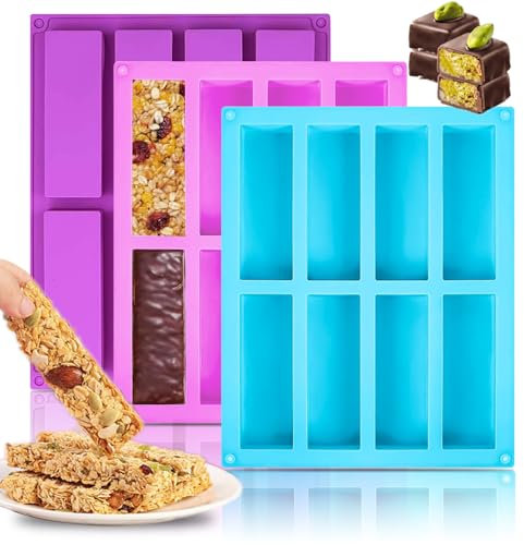 3 Stück Müsliriegel Backform Silikon, 8 Mulden Silikonform Rechteckige, Müsliriegel Form Silikon, Energieriegel Backform Antihaft Müsliriegelformen für Kuchen, Schokoriegel