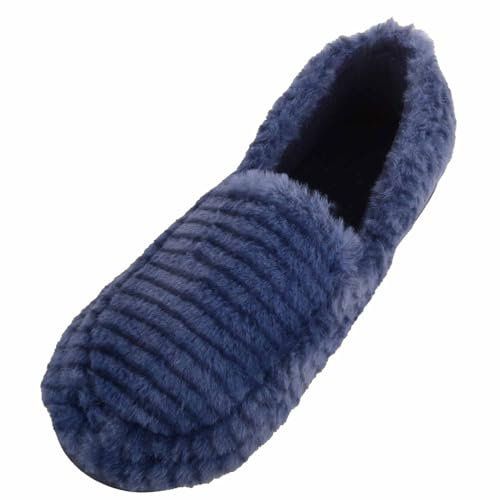 ABSOLUTE FOOTWEAR Womens Easy Slip Soft Faux Fur Moccasin Style Striped Slipper