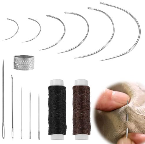 keyxer 14 Stück Ledergarn Ledernadel, Sattlernadel Rundnadel Dünn Leder Nadel Gebogene Nadel, Nähnadeln, Ledergarn Gewachst, Nadel und Faden Set, Leder Nähset Polsternadeln für Lederhandwerk