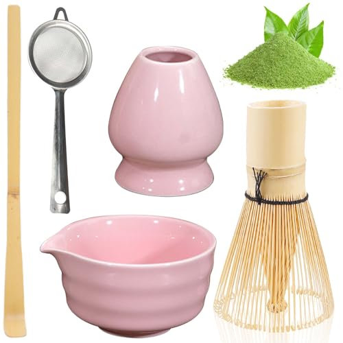 BAIFULAI Ensemble à thé matcha 5 pièces en céramique, fouet japonais, bol à matcha, porte-fouet, passoire, accessoires japonais pour matcha cérémonie (rose)