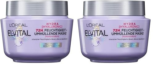 L'Oréal Paris Elvital Hydra Hyaluronic feuchtigkeitsspendende Haarmaske für glänzendes Haar, Hyaluron Intensivkur für einen Feuchtigkeitsboost, bis zu 72h langanhaltende Feuchtigkeit und Pflege, 300ml