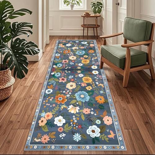 Siunwdiy Flurläufer Lang 60x300cm Blumenmuster - Teppichläufer rutschfest, Flurteppich，Küchenteppich Waschbar Blau Küchenläufer für Küche, Korridor, Schlafzimmer, Eingang, Büro, Wohnzimmer