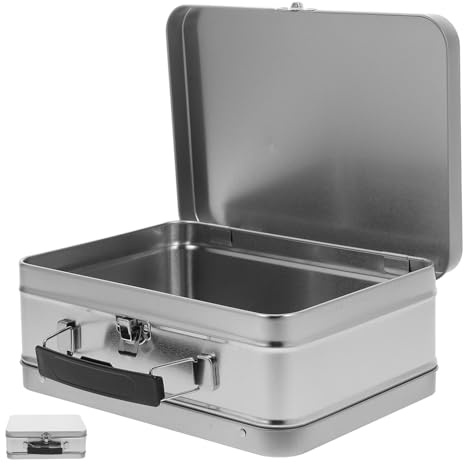 Vintage Lunchbox aus Metall mit Griff und Deckel, Einschulung Deko | Weißblech, Silber, Große Kapazität, Multifunktional, für Lebensmittel und Bastelzubehör