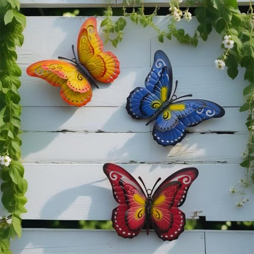 AQCQDQ Lot de 3 papillons décoratifs muraux en métal - Décoration de jardin - Papillon 3D - Décoration murale vintage - Sculpture de papillon - Statues - Décoration d'intérieur (3PCS-B)
