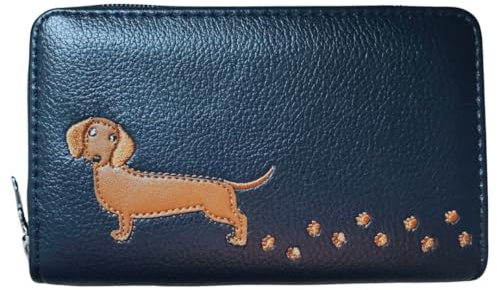 Solis Accessories Embroidered Dog Zip-Around Card & Coin Purse Wallet – Faux Leather – Concertina Interior – 16 × 10 × 2.5 cm (Black) – Bulldog, Labrador & Dachshund (Navy Dachshund)